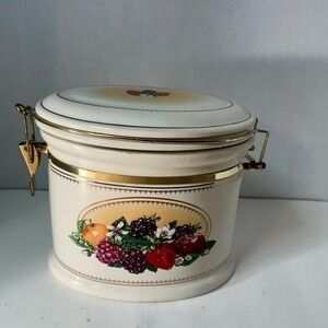 Knott's Berry Farm Ceramic Canister Mixed Fruit Berry Oval Jar Gold Trim Latch